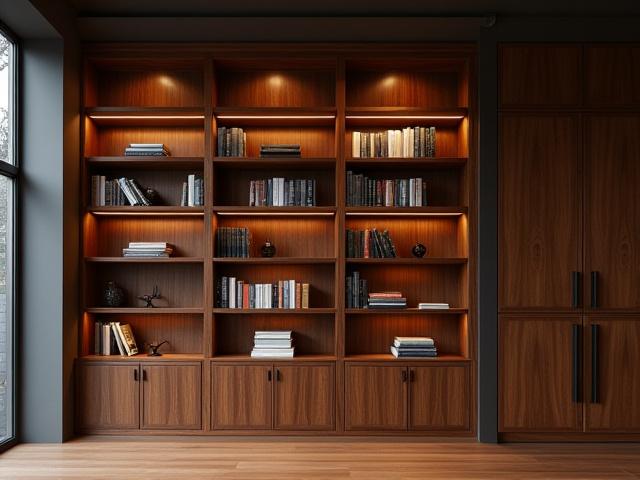 Skreddersydd bokhylle i valnøtt treverk med integrert belysning.