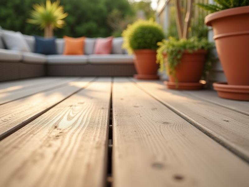 Nærbilde av detaljer i treverket på den utendørs patioen, med puter og plantekrukker.